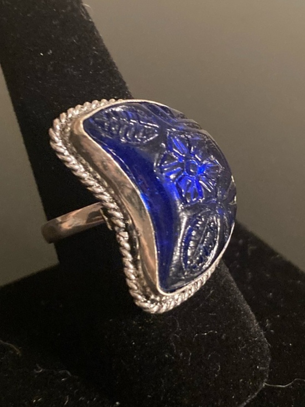 Vintage Blue Enamel Crescent Statement Ring size 9